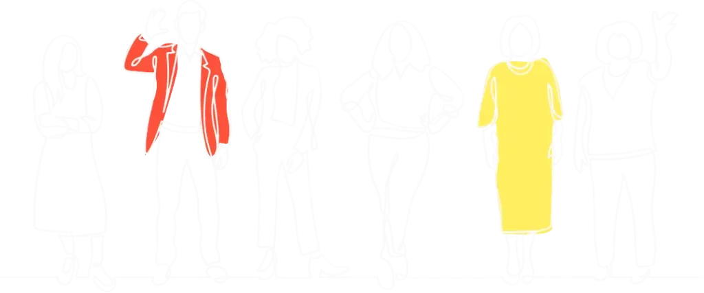 Line drawing of diverse people standing in a line