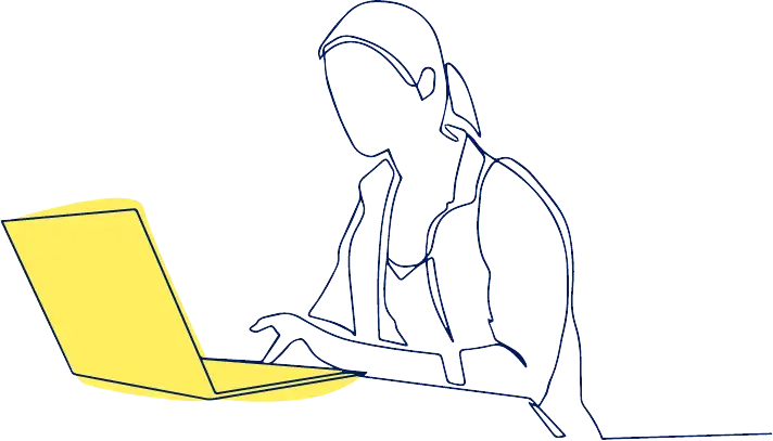 line drawing of person sitting at a laptop