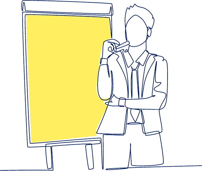 Line drawing of a man standing beside a white board thinking about what to write